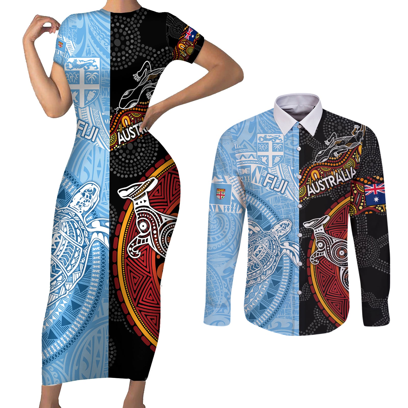 Personalised Fiji and Australia Couples Matching Short Sleeve Bodycon Dress and Long Sleeve Button Shirts Masi Patterns Mix Aboriginal Art LT7 Colorful - Polynesian Pride
