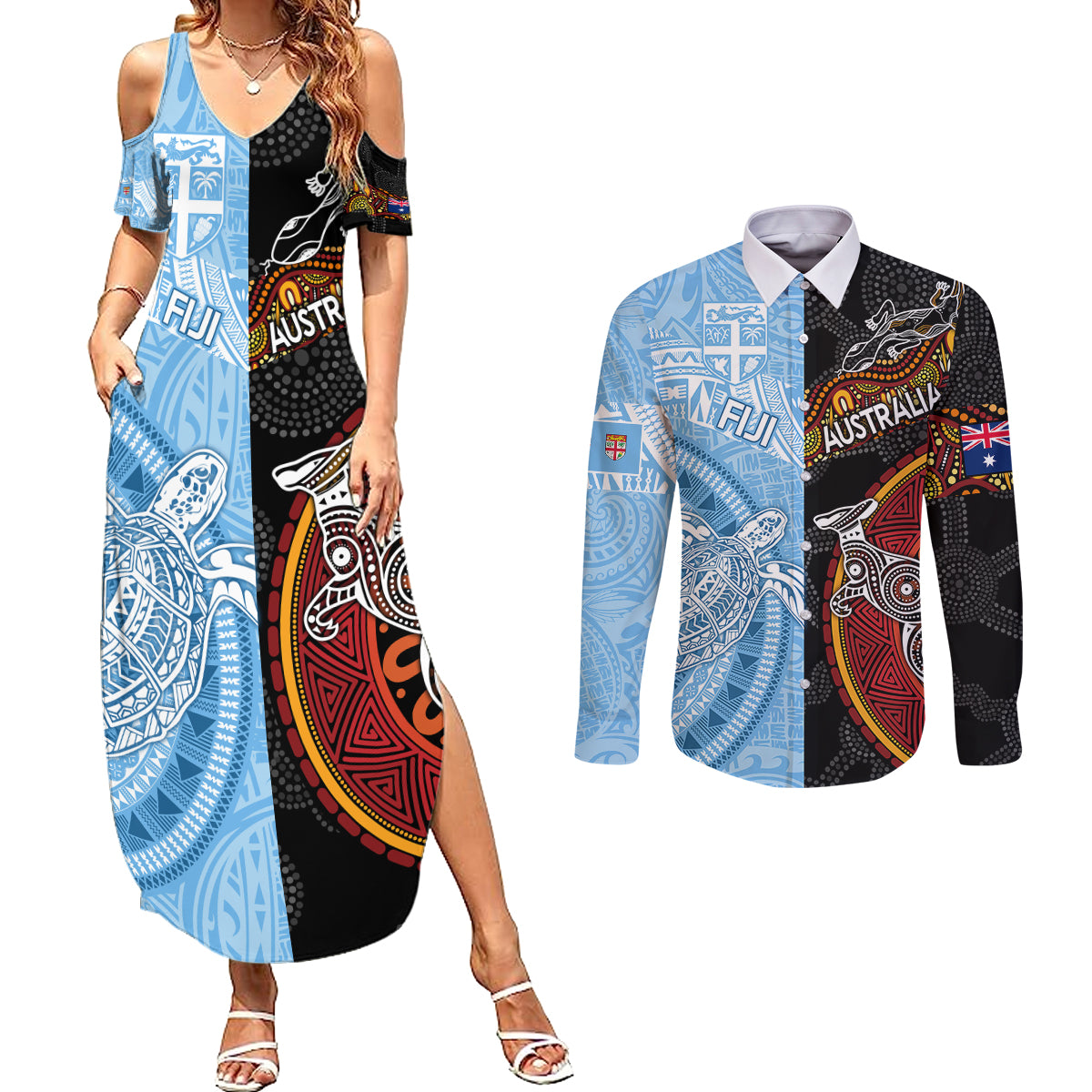 personalised-fiji-and-australia-couples-matching-summer-maxi-dress-and-long-sleeve-button-shirts-masi-patterns-mix-aboriginal-art