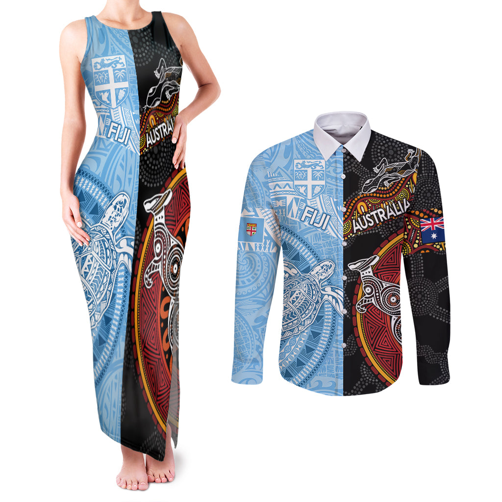 Personalised Fiji and Australia Couples Matching Tank Maxi Dress and Long Sleeve Button Shirts Masi Patterns Mix Aboriginal Art LT7 Colorful - Polynesian Pride