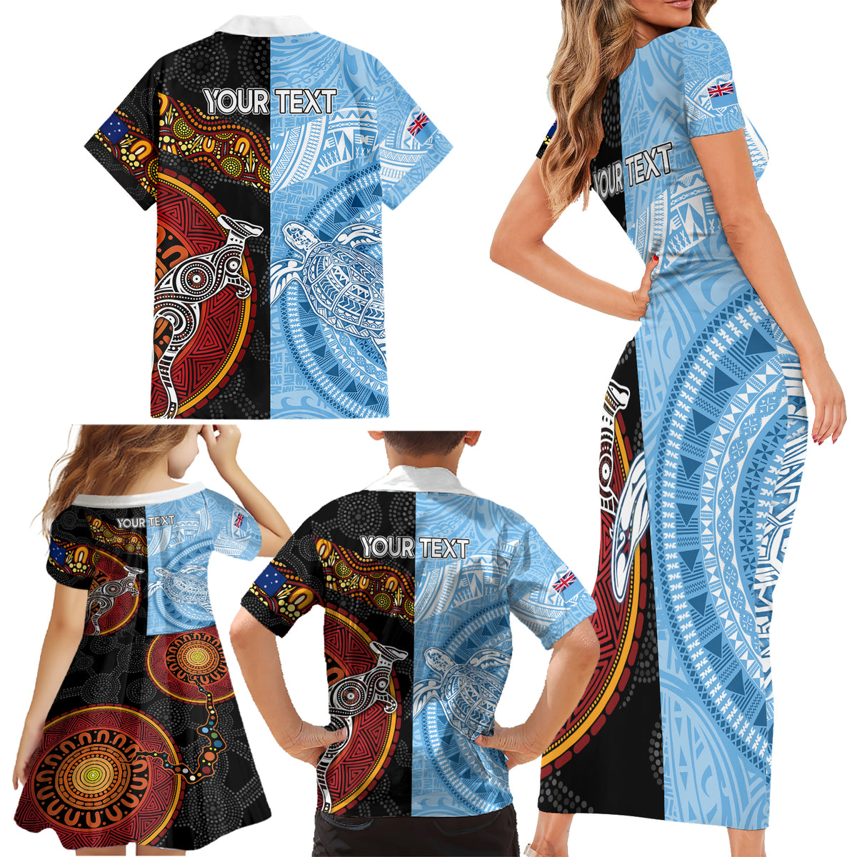 personalised-fiji-and-australia-family-matching-short-sleeve-bodycon-dress-and-hawaiian-shirt-masi-patterns-mix-aboriginal-art