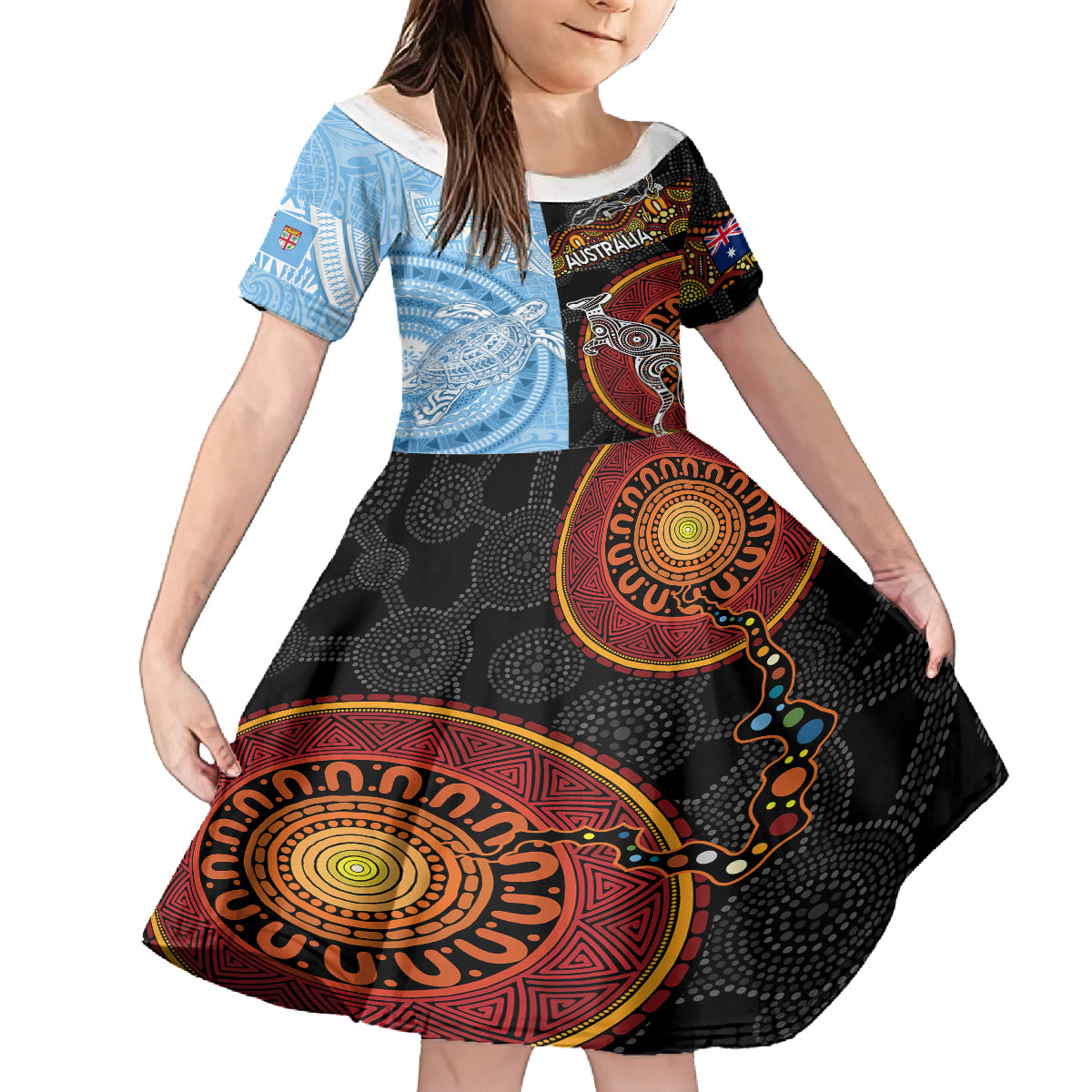 personalised-fiji-and-australia-kid-short-sleeve-dress-masi-patterns-mix-aboriginal-art
