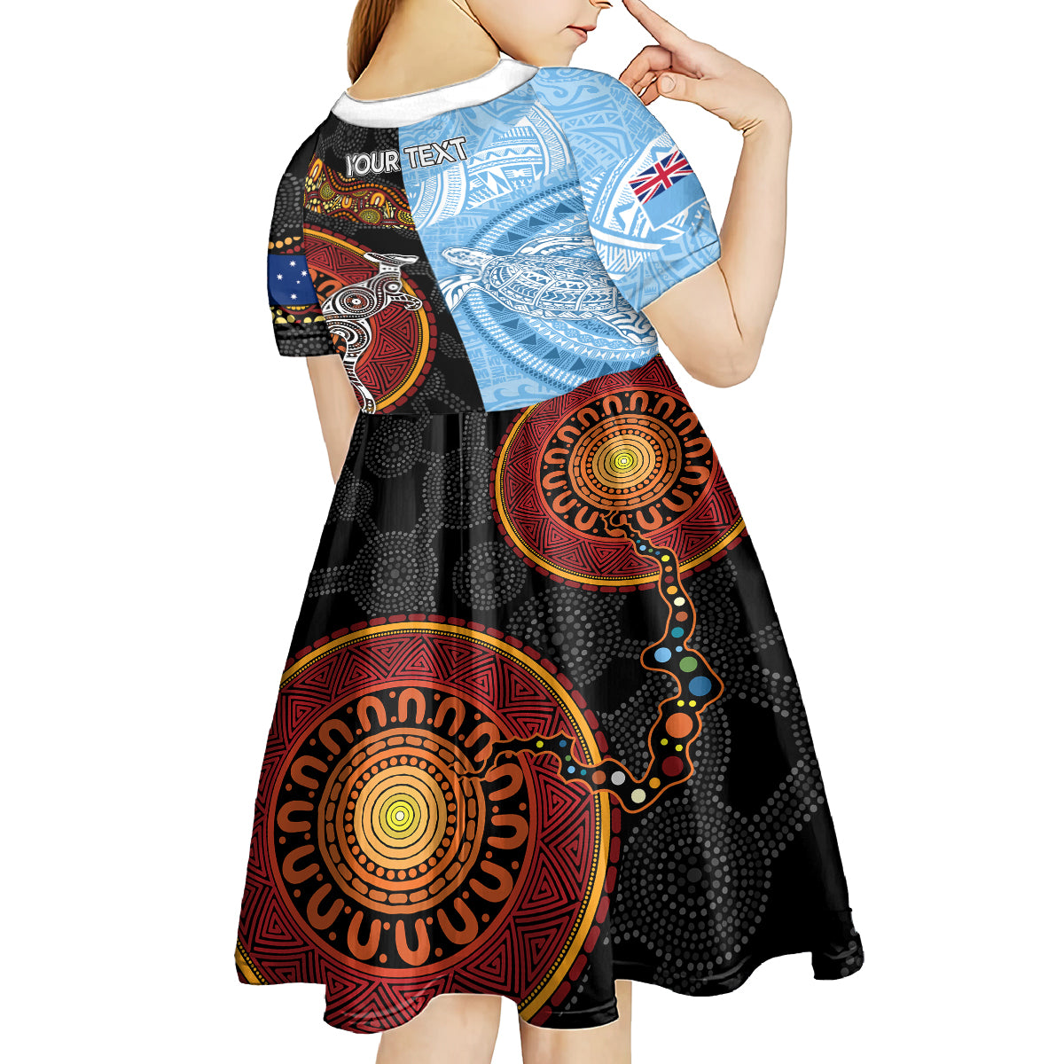 personalised-fiji-and-australia-kid-short-sleeve-dress-masi-patterns-mix-aboriginal-art
