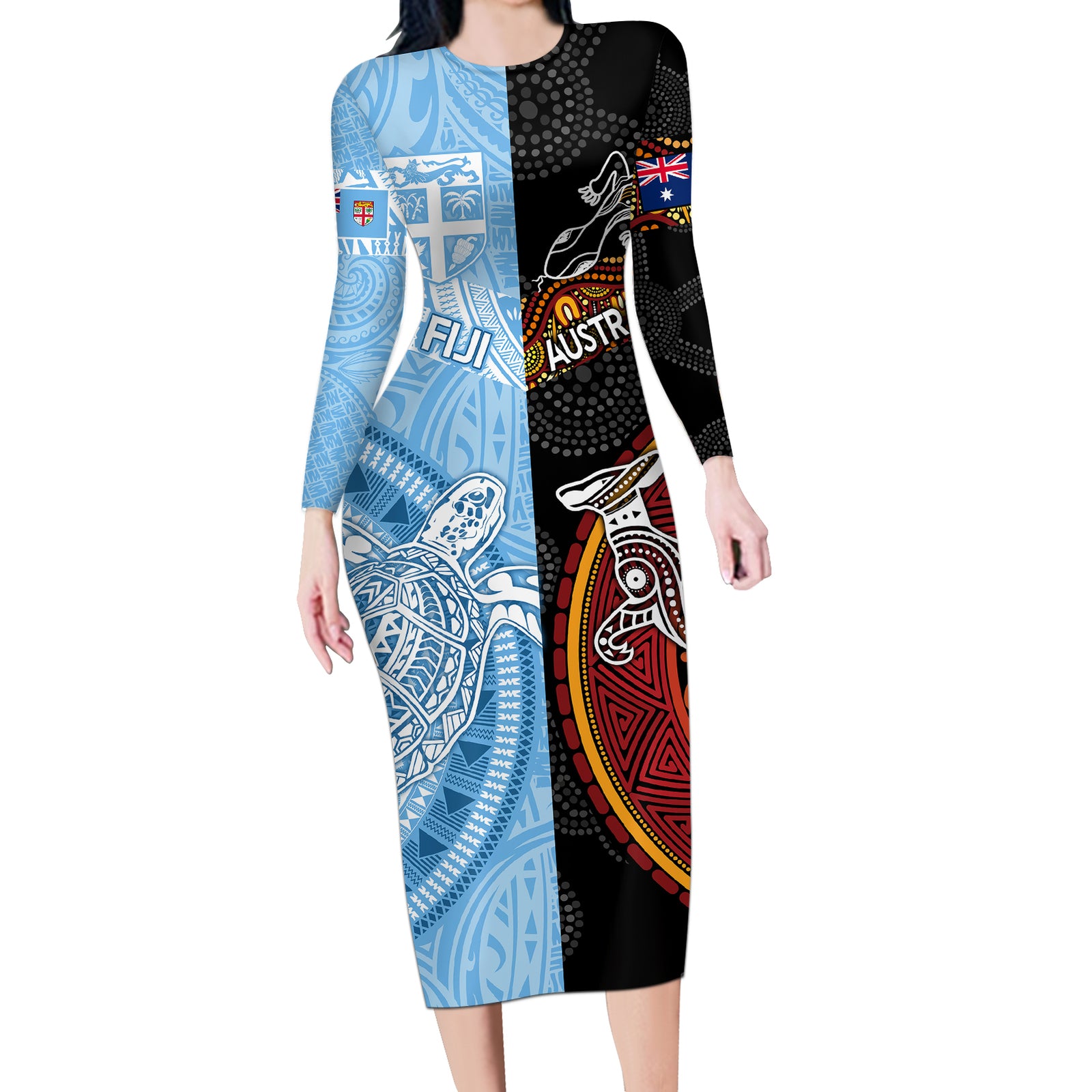 Personalised Fiji and Australia Long Sleeve Bodycon Dress Masi Patterns Mix Aboriginal Art LT7 Long Dress Colorful - Polynesian Pride