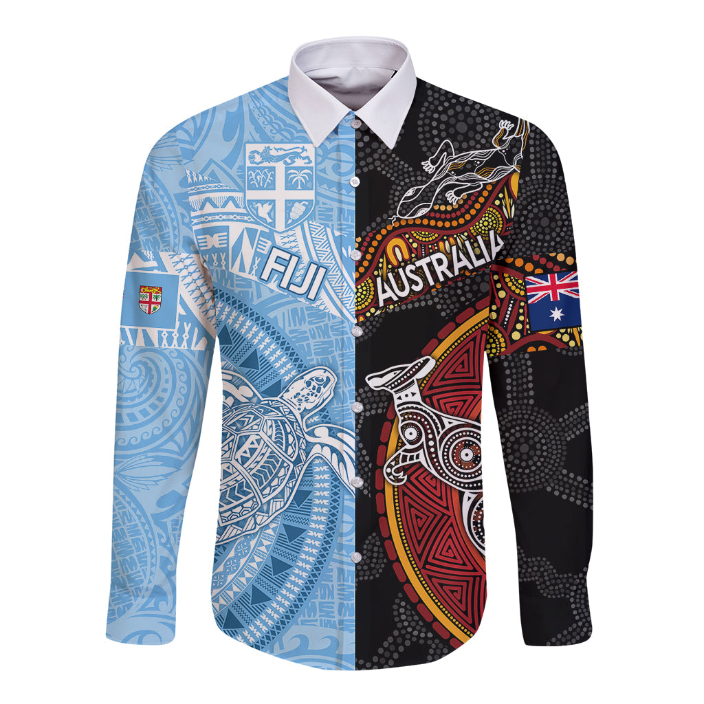 Personalised Fiji and Australia Long Sleeve Button Shirt Masi Patterns Mix Aboriginal Art LT7 Unisex Colorful - Polynesian Pride