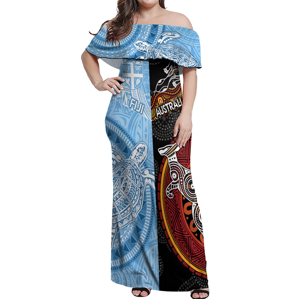 Personalised Fiji and Australia Off Shoulder Maxi Dress Masi Patterns Mix Aboriginal Art LT7 Women Colorful - Polynesian Pride