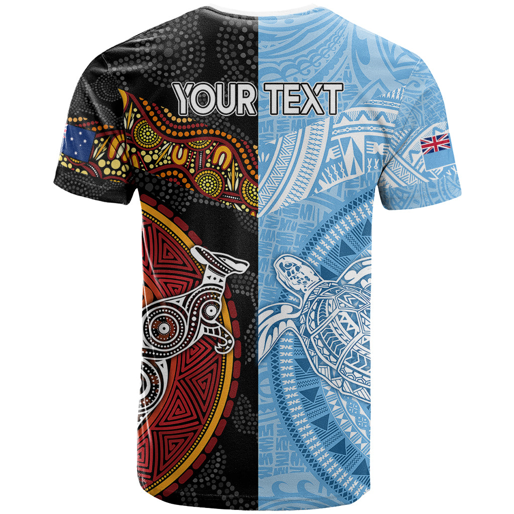 Personalised Fiji and Australia T Shirt Masi Patterns Mix Aboriginal Art LT7 - Polynesian Pride