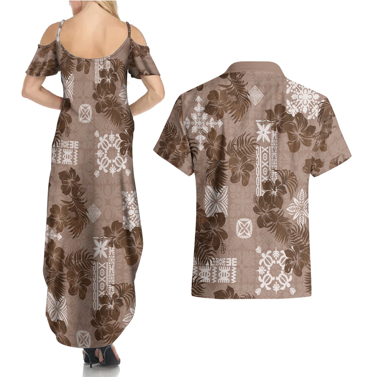 Vintage Hawaii Couples Matching Summer Maxi Dress and Hawaiian Shirt Hibiscus Mix Hawaiian Quilt Patches - Brown LT7 - Polynesian Pride