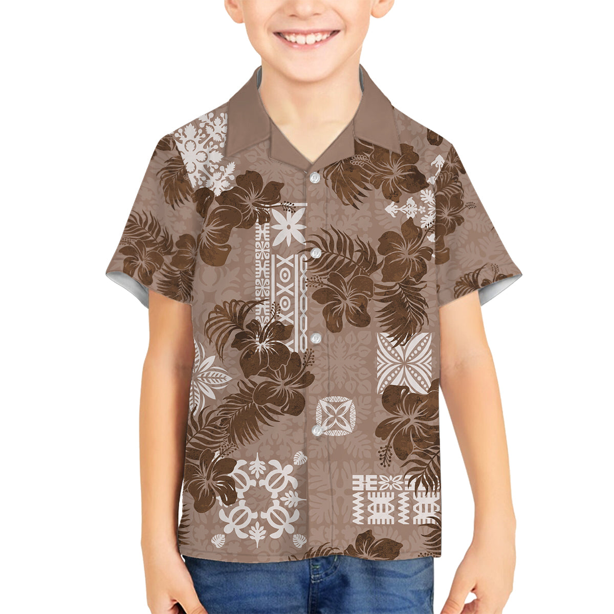 Vintage Hawaii Family Matching Off Shoulder Long Sleeve Dress and Hawaiian Shirt Hibiscus Mix Hawaiian Quilt Patches - Brown LT7 Son's Shirt Brown - Polynesian Pride
