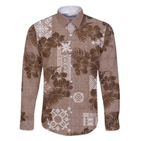 Vintage Hawaii Family Matching Off Shoulder Maxi Dress and Hawaiian Shirt Hibiscus Mix Hawaiian Quilt Patches - Brown LT7 Dad's Shirt - Long Sleeve Brown - Polynesian Pride