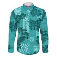 Vintage Hawaii Family Matching Long Sleeve Bodycon Dress and Hawaiian Shirt Hibiscus Mix Hawaiian Quilt Patches - Teal LT7 Dad's Shirt - Long Sleeve Teal - Polynesian Pride