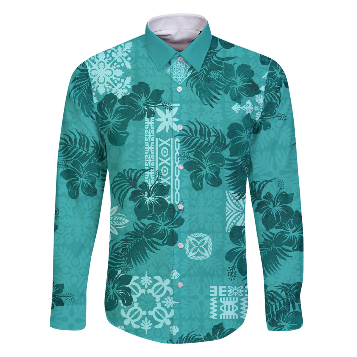 Vintage Hawaii Family Matching Off Shoulder Short Dress and Hawaiian Shirt Hibiscus Mix Hawaiian Quilt Patches - Teal LT7 Dad's Shirt - Long Sleeve Teal - Polynesian Pride