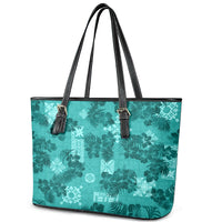 Vintage Hawaii Leather Tote Bag Hibiscus Mix Hawaiian Quilt Patches - Teal LT7 - Polynesian Pride