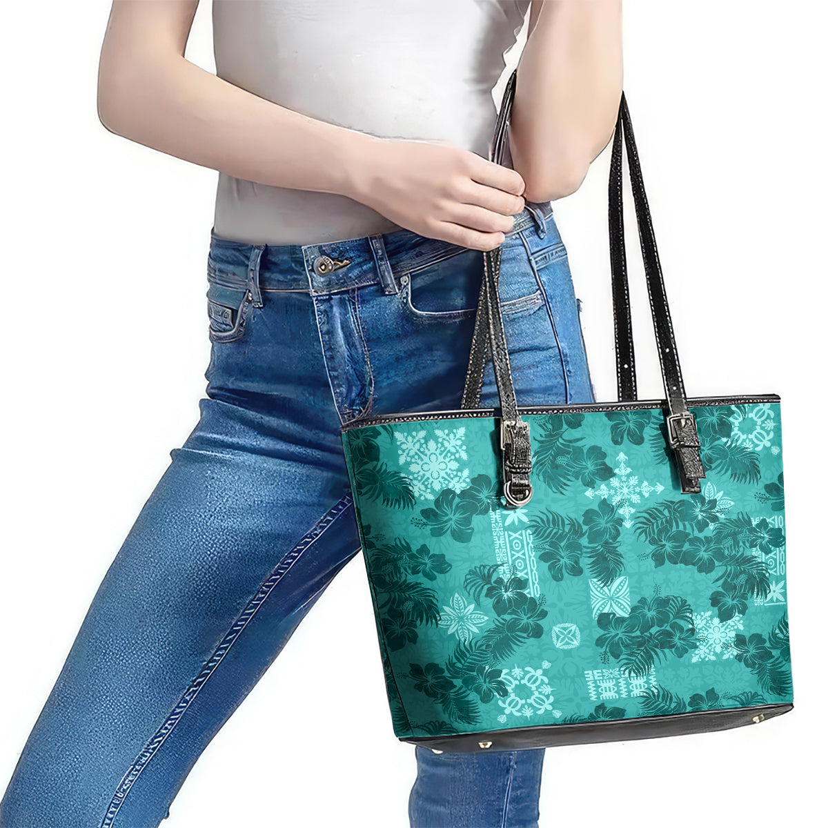 Vintage Hawaii Leather Tote Bag Hibiscus Mix Hawaiian Quilt Patches - Teal LT7 - Polynesian Pride