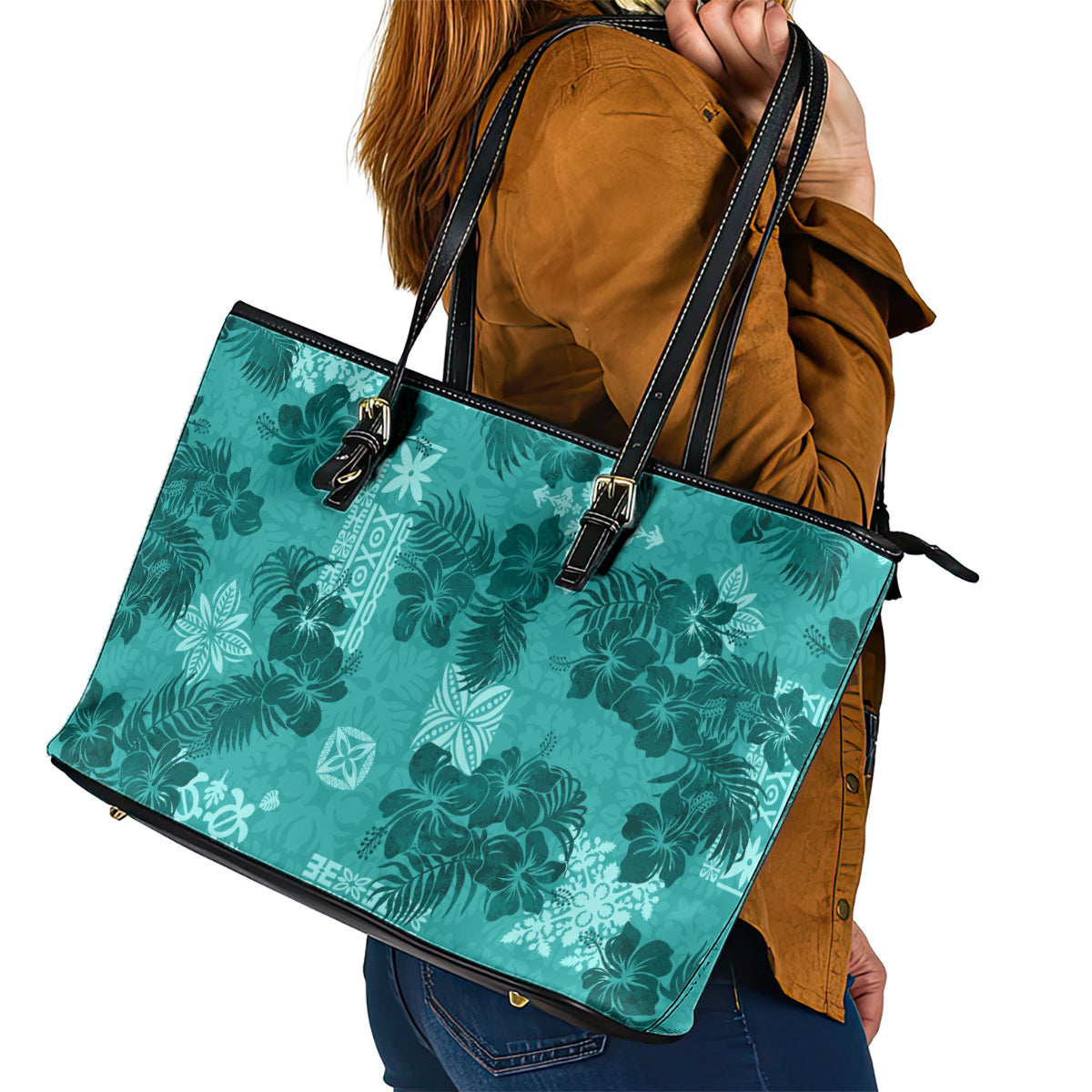 Vintage Hawaii Leather Tote Bag Hibiscus Mix Hawaiian Quilt Patches - Teal LT7 - Polynesian Pride