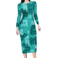 Vintage Hawaii Long Sleeve Bodycon Dress Hibiscus Mix Hawaiian Quilt Patches - Teal LT7 Long Dress Teal - Polynesian Pride