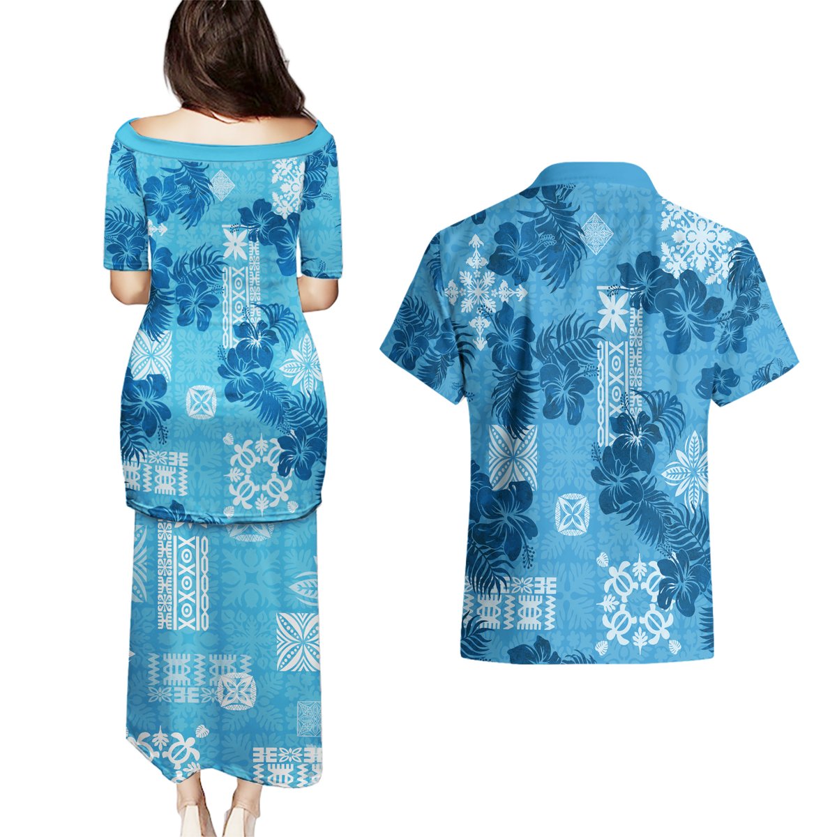 Hawaii Tapa Couples Matching Puletasi Dress and Hawaiian Shirt Hibiscus Mix Hawaiian Quilt Patches - Blue LT7 - Polynesian Pride