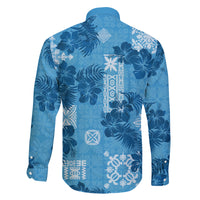 Hawaii Tapa Family Matching Long Sleeve Bodycon Dress and Hawaiian Shirt Hibiscus Mix Hawaiian Quilt Patches - Blue LT7 - Polynesian Pride