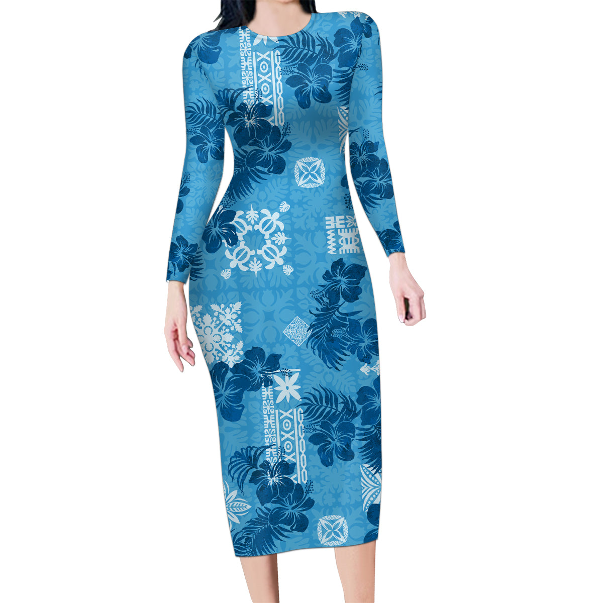 Hawaii Tapa Family Matching Long Sleeve Bodycon Dress and Hawaiian Shirt Hibiscus Mix Hawaiian Quilt Patches - Blue LT7 Mom's Dress Blue - Polynesian Pride