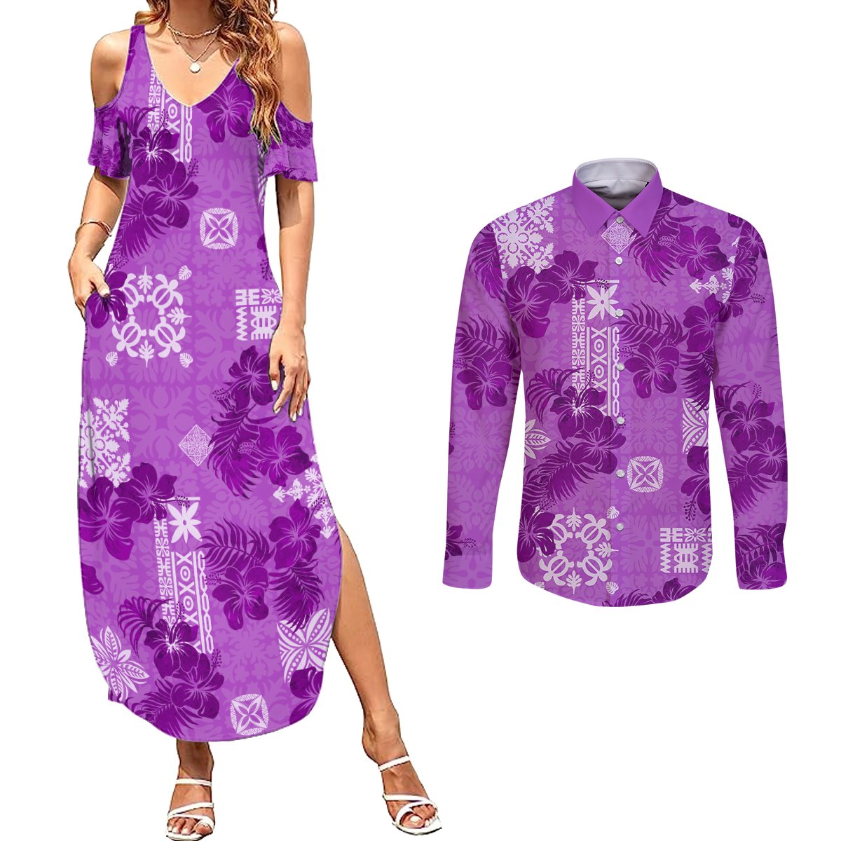 Hawaii Tapa Couples Matching Summer Maxi Dress and Long Sleeve Button Shirt Hibiscus Mix Hawaiian Quilt Patches - Violet LT7 Violet - Polynesian Pride