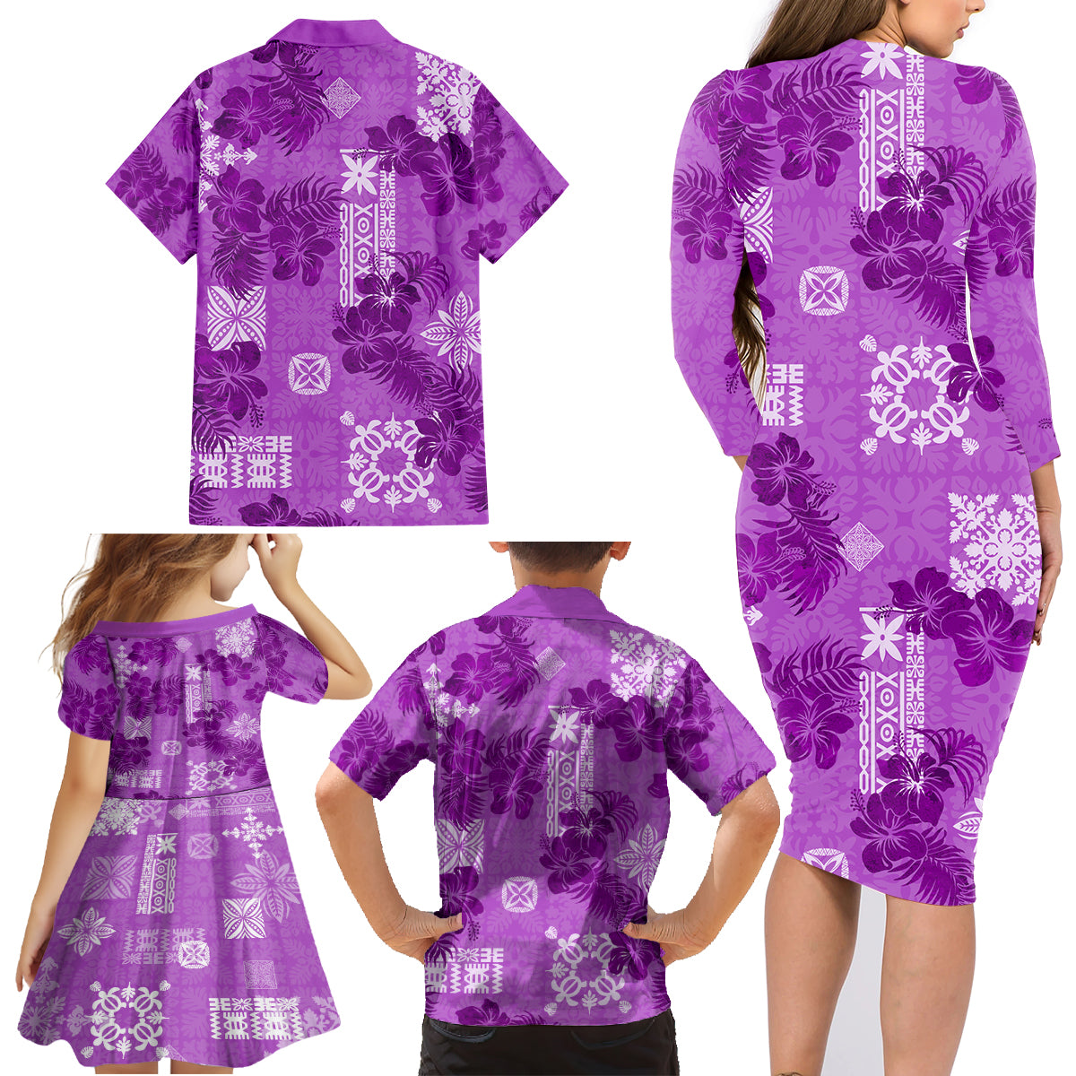 Hawaii Tapa Family Matching Long Sleeve Bodycon Dress and Hawaiian Shirt Hibiscus Mix Hawaiian Quilt Patches - Violet LT7 - Polynesian Pride