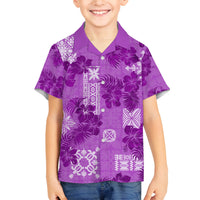 Hawaii Tapa Family Matching Off Shoulder Long Sleeve Dress and Hawaiian Shirt Hibiscus Mix Hawaiian Quilt Patches - Violet LT7 Son's Shirt Violet - Polynesian Pride