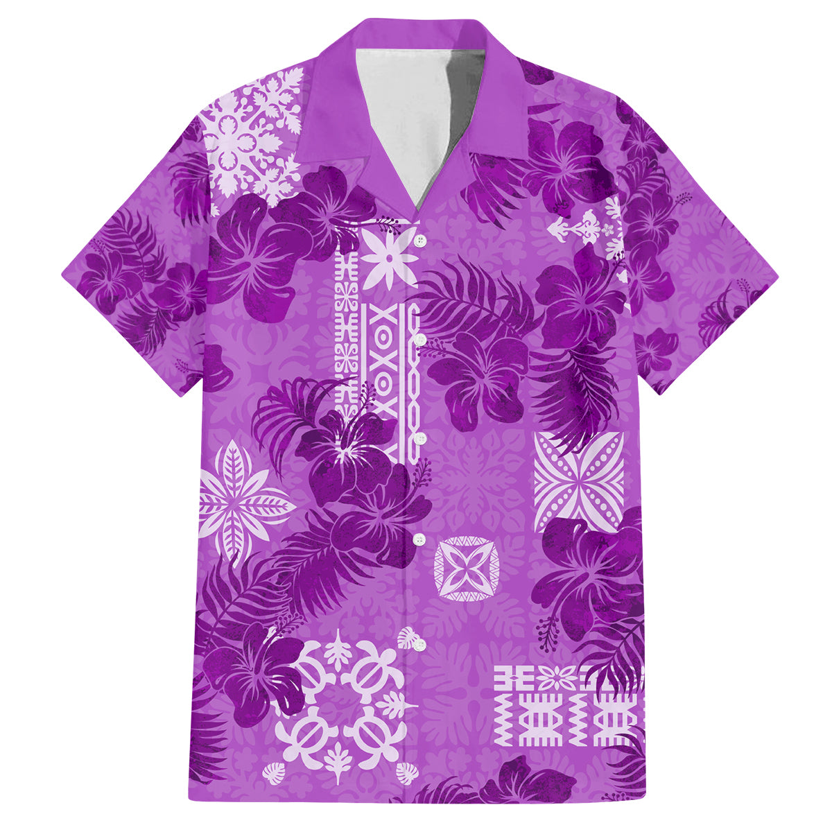 Hawaii Tapa Family Matching Off Shoulder Short Dress and Hawaiian Shirt Hibiscus Mix Hawaiian Quilt Patches - Violet LT7 Dad's Shirt - Short Sleeve Violet - Polynesian Pride