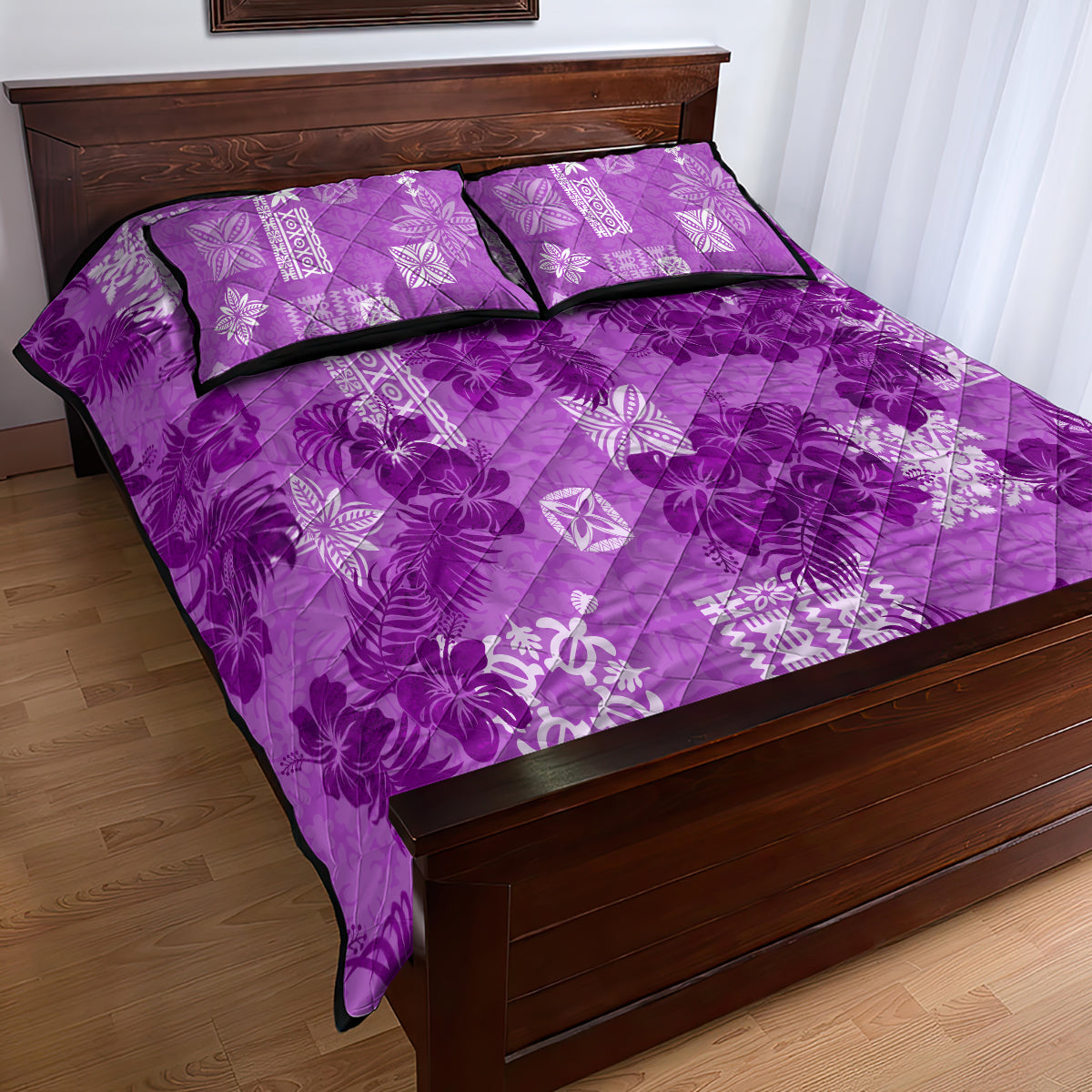 Hawaii Tapa Quilt Bed Set Hibiscus Mix Hawaiian Quilt Patches - Violet LT7 - Polynesian Pride