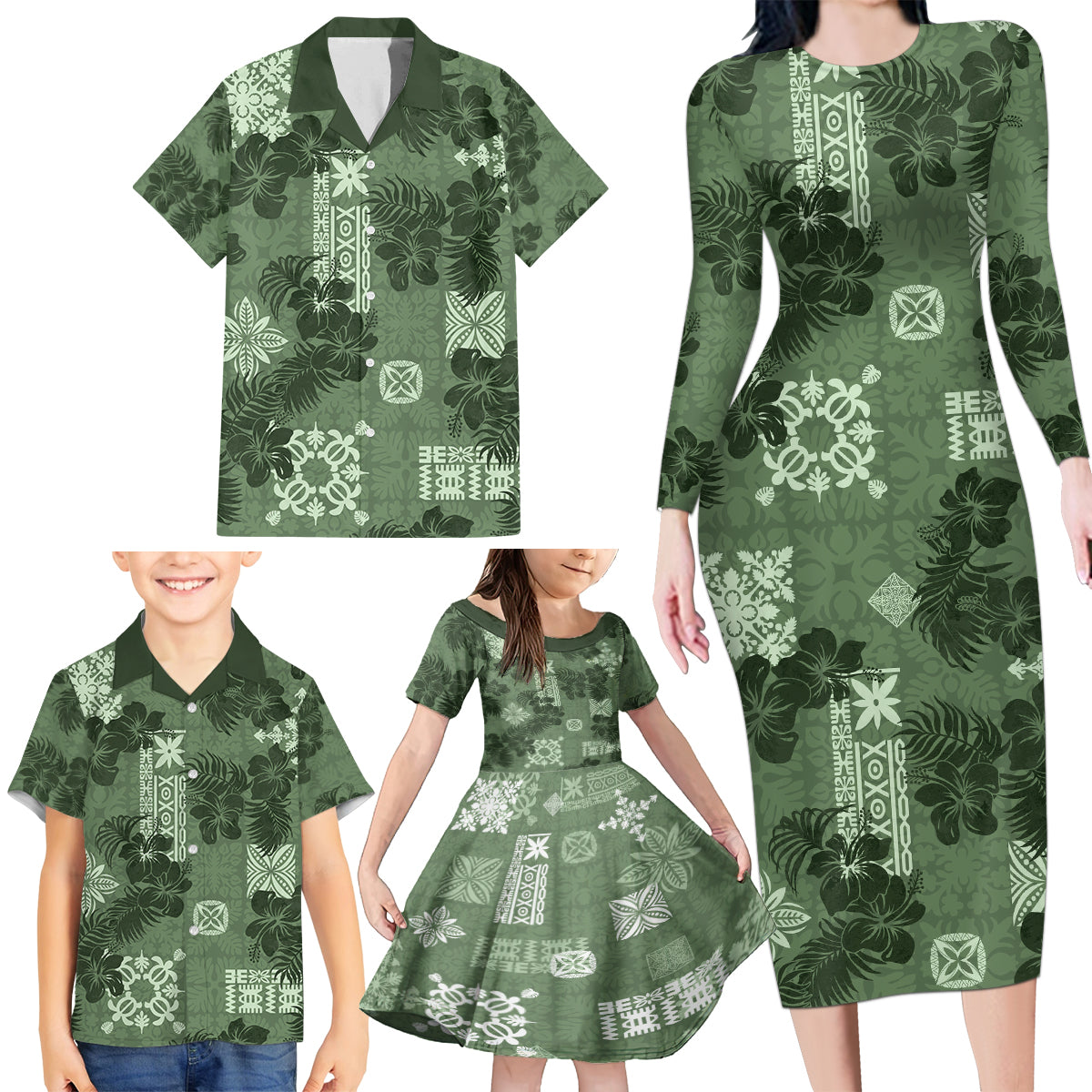 Hawaii Tapa Family Matching Long Sleeve Bodycon Dress and Hawaiian Shirt Hibiscus Mix Hawaiian Quilt Patches - Sage Green LT7 - Polynesian Pride
