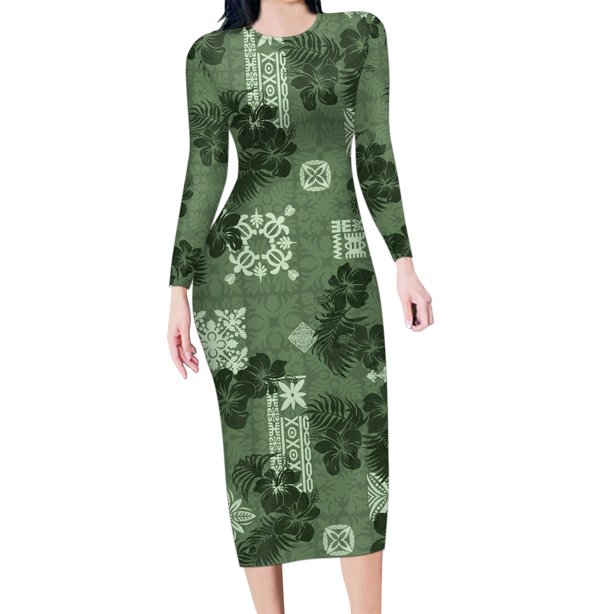 Hawaii Tapa Family Matching Long Sleeve Bodycon Dress and Hawaiian Shirt Hibiscus Mix Hawaiian Quilt Patches - Sage Green LT7 Mom's Dress Sage Green - Polynesian Pride