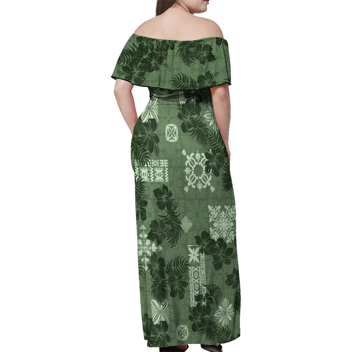 Hawaii Tapa Family Matching Off Shoulder Maxi Dress and Hawaiian Shirt Hibiscus Mix Hawaiian Quilt Patches - Sage Green LT7 - Polynesian Pride