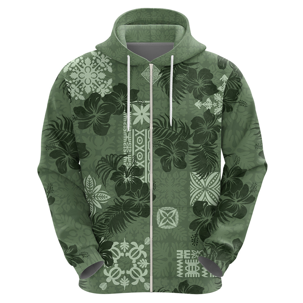 Hawaii Tapa Hoodie Hibiscus Mix Hawaiian Quilt Patches - Sage Green LT7 - Polynesian Pride