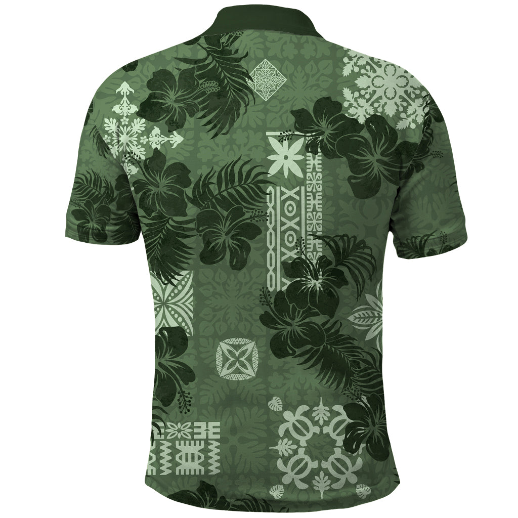 Hawaii Tapa Polo Shirt Hibiscus Mix Hawaiian Quilt Patches - Sage Green LT7 - Polynesian Pride