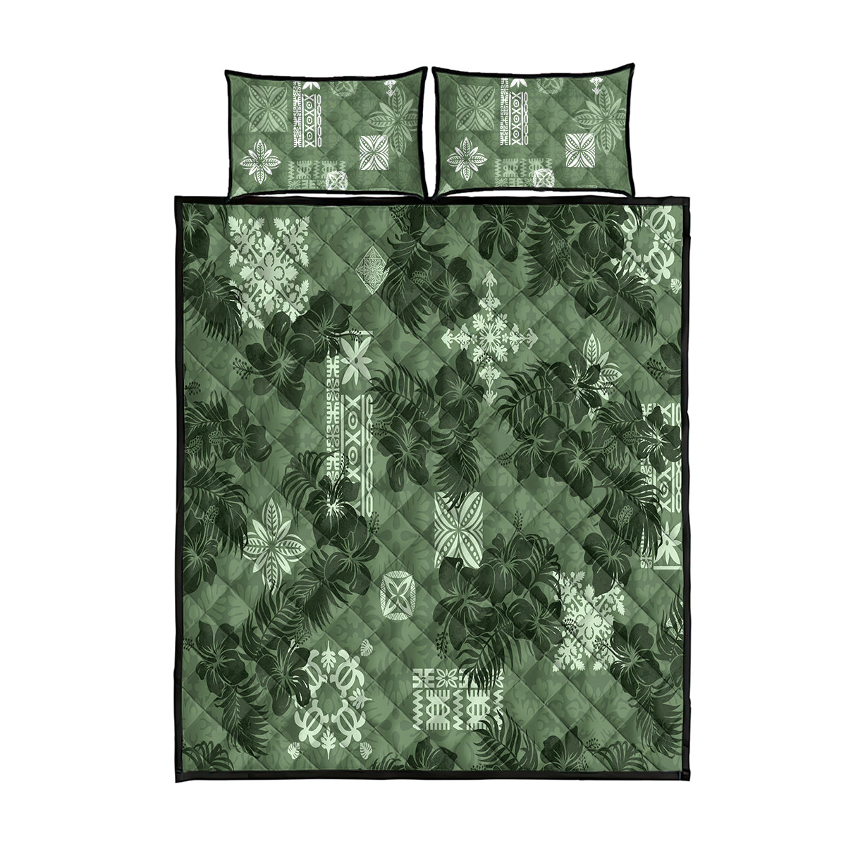 Hawaii Tapa Quilt Bed Set Hibiscus Mix Hawaiian Quilt Patches - Sage Green LT7 Sage Green - Polynesian Pride