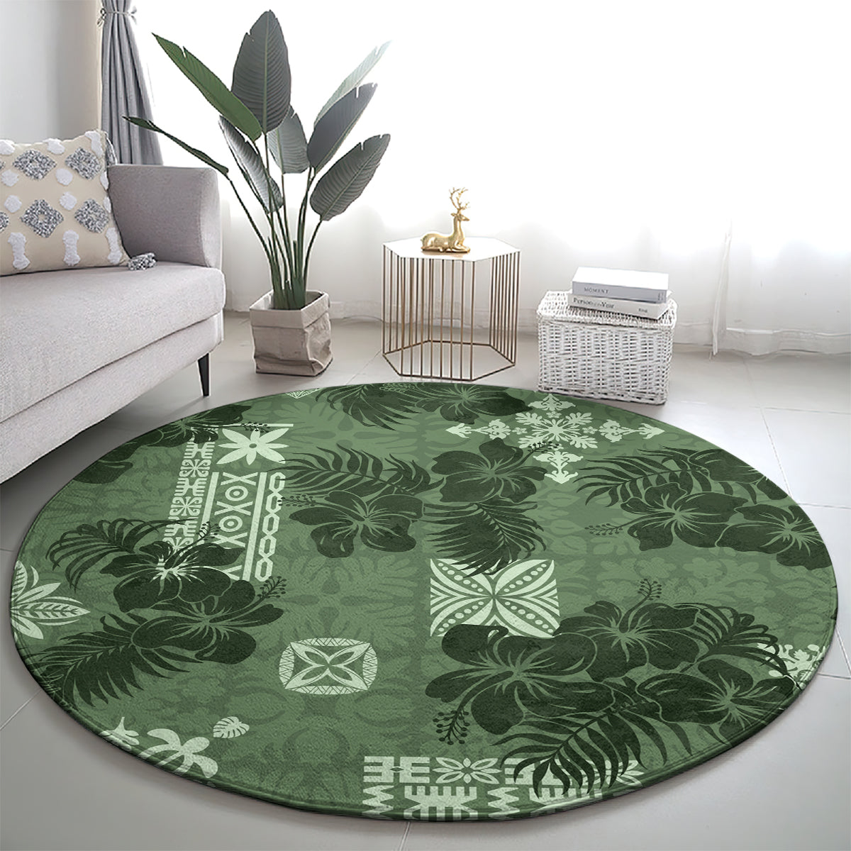 Hawaii Tapa Round Carpet Hibiscus Mix Hawaiian Quilt Patches - Sage Green LT7 - Polynesian Pride