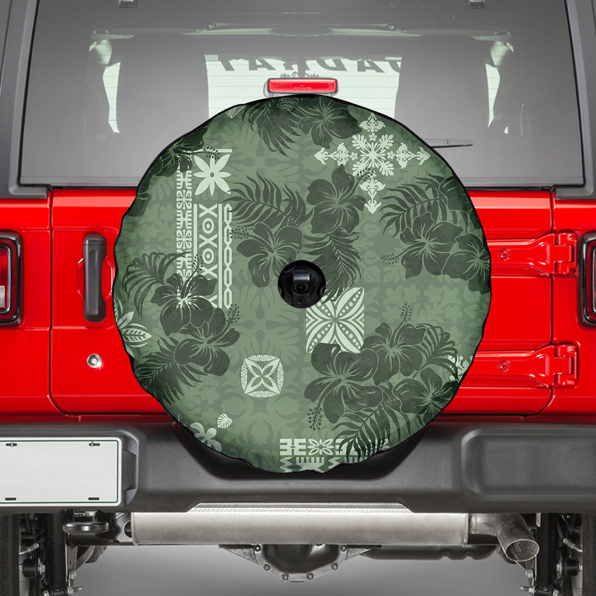 Hawaii Tapa Spare Tire Cover Hibiscus Mix Hawaiian Quilt Patches - Sage Green LT7 - Polynesian Pride