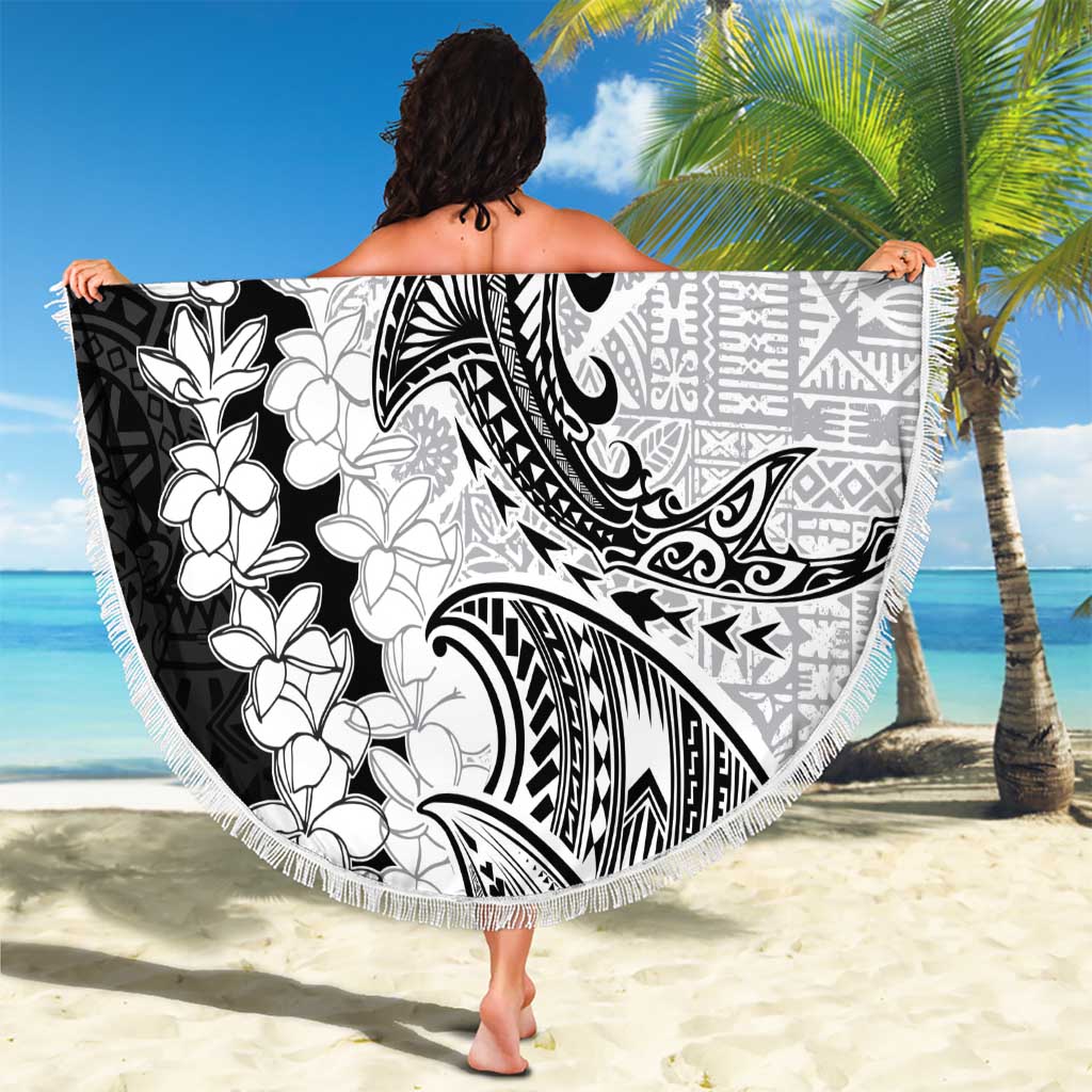 Polynesian Plumeria Lei Beach Blanket with Hammerhead Shark