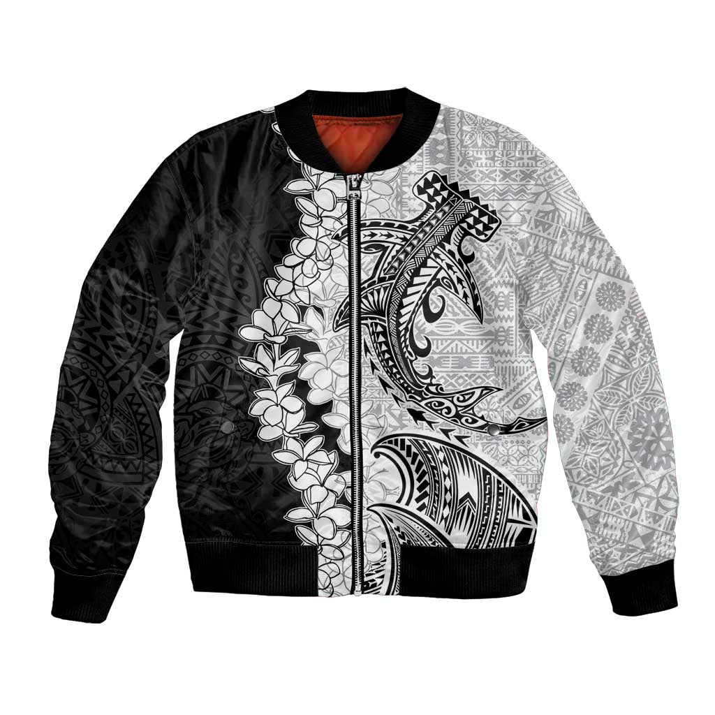 Polynesian Plumeria Lei Bomber Jacket with Hammerhead Shark LT7 Unisex Black - Polynesian Pride