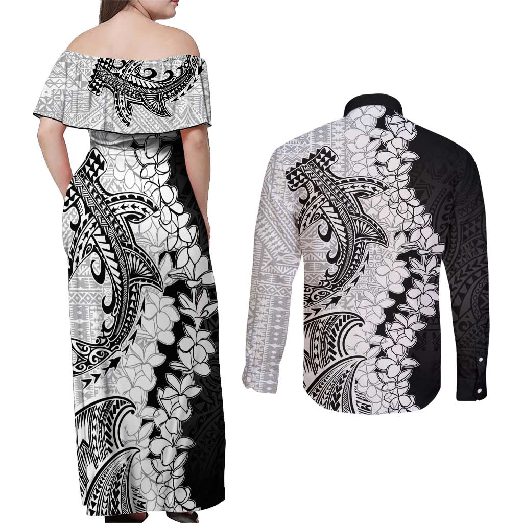 Polynesian Plumeria Lei Couples Matching Off Shoulder Maxi Dress and Long Sleeve Button Shirt with Hammerhead Shark
