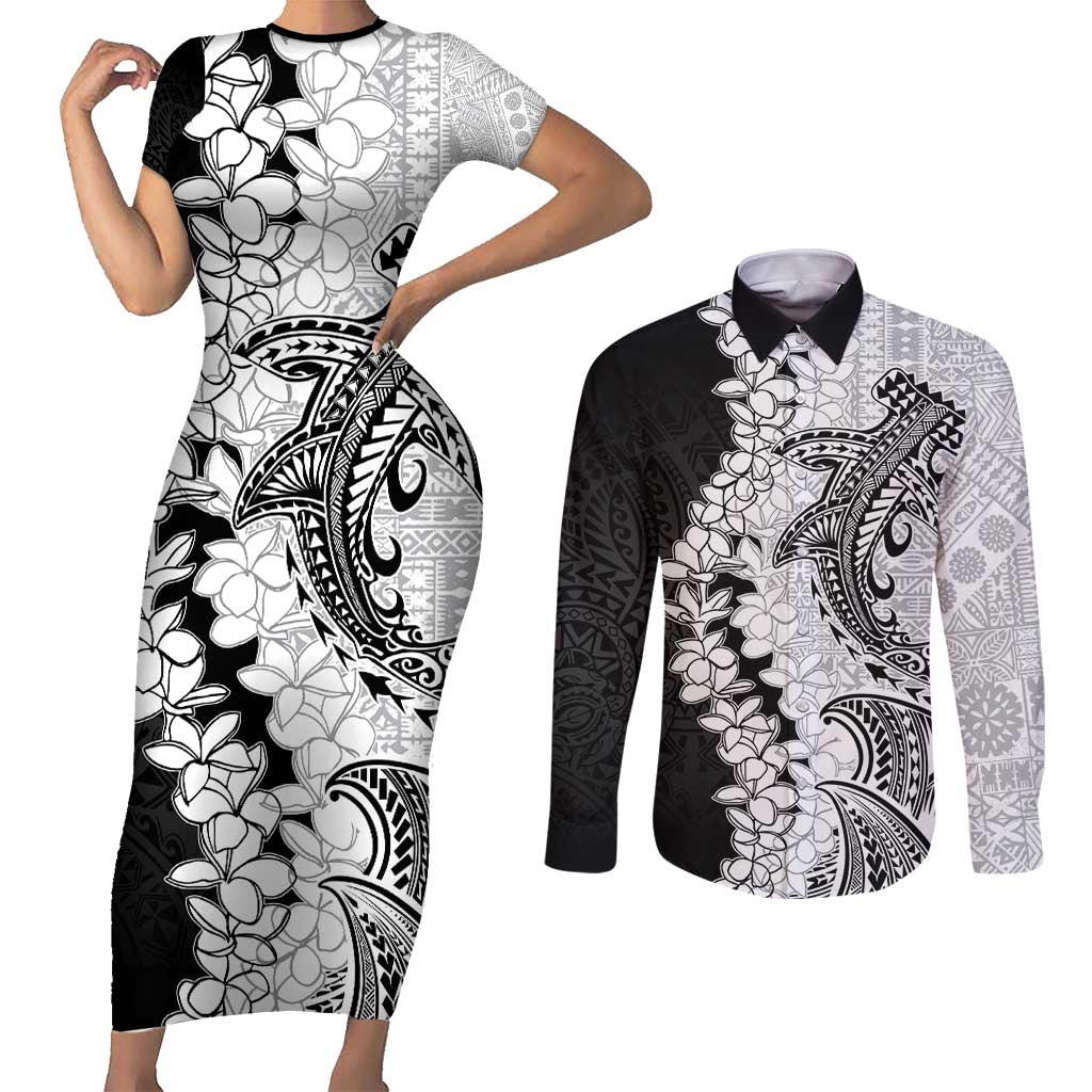 Polynesian Plumeria Lei Couples Matching Short Sleeve Bodycon Dress and Long Sleeve Button Shirt with Hammerhead Shark