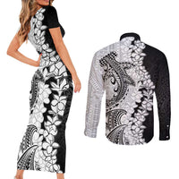 Polynesian Plumeria Lei Couples Matching Short Sleeve Bodycon Dress and Long Sleeve Button Shirt with Hammerhead Shark