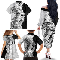 Polynesian Plumeria Lei Family Matching Off The Shoulder Long Sleeve Dress and Hawaiian Shirt with Hammerhead Shark