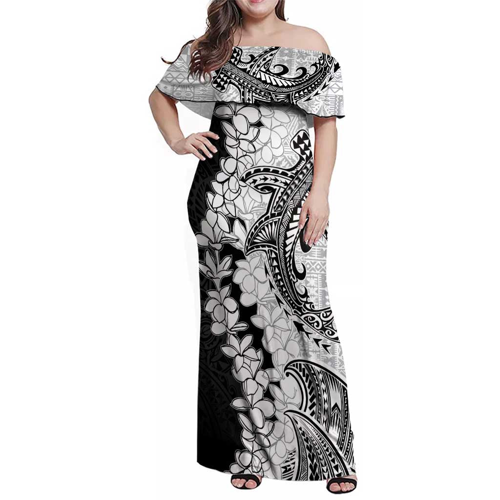 Polynesian Plumeria Lei Family Matching Off Shoulder Maxi Dress and Hawaiian Shirt with Hammerhead Shark
