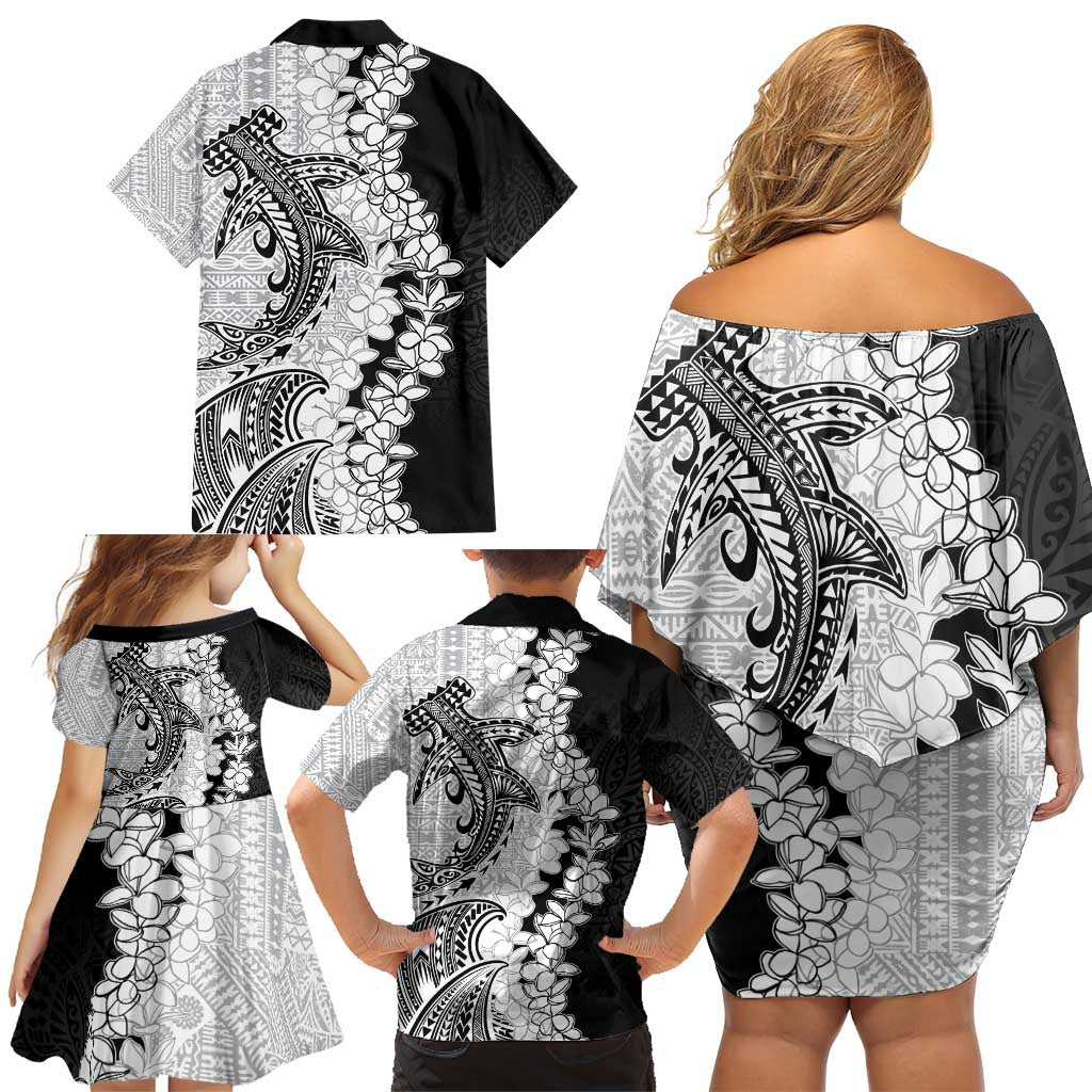 Polynesian Plumeria Lei Family Matching Off Shoulder Short Dress and Hawaiian Shirt with Hammerhead Shark