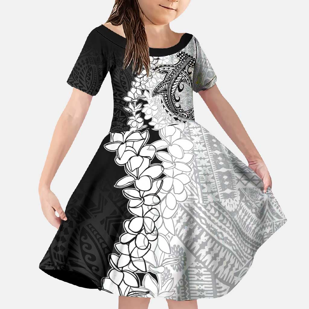Polynesian Plumeria Lei Family Matching Tank Maxi Dress and Hawaiian Shirt with Hammerhead Shark LT7 Daughter's Dress Black - Polynesian Pride