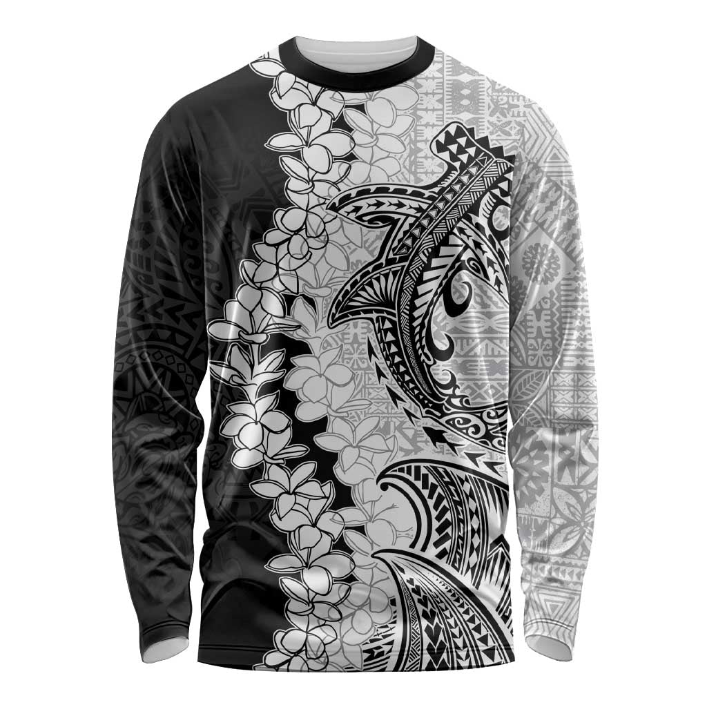 Polynesian Plumeria Lei Long Sleeve Shirt with Hammerhead Shark LT7 Unisex Black - Polynesian Pride