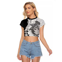 Polynesian Plumeria Lei Raglan Cropped T Shirt with Hammerhead Shark