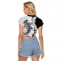 Polynesian Plumeria Lei Raglan Cropped T Shirt with Hammerhead Shark