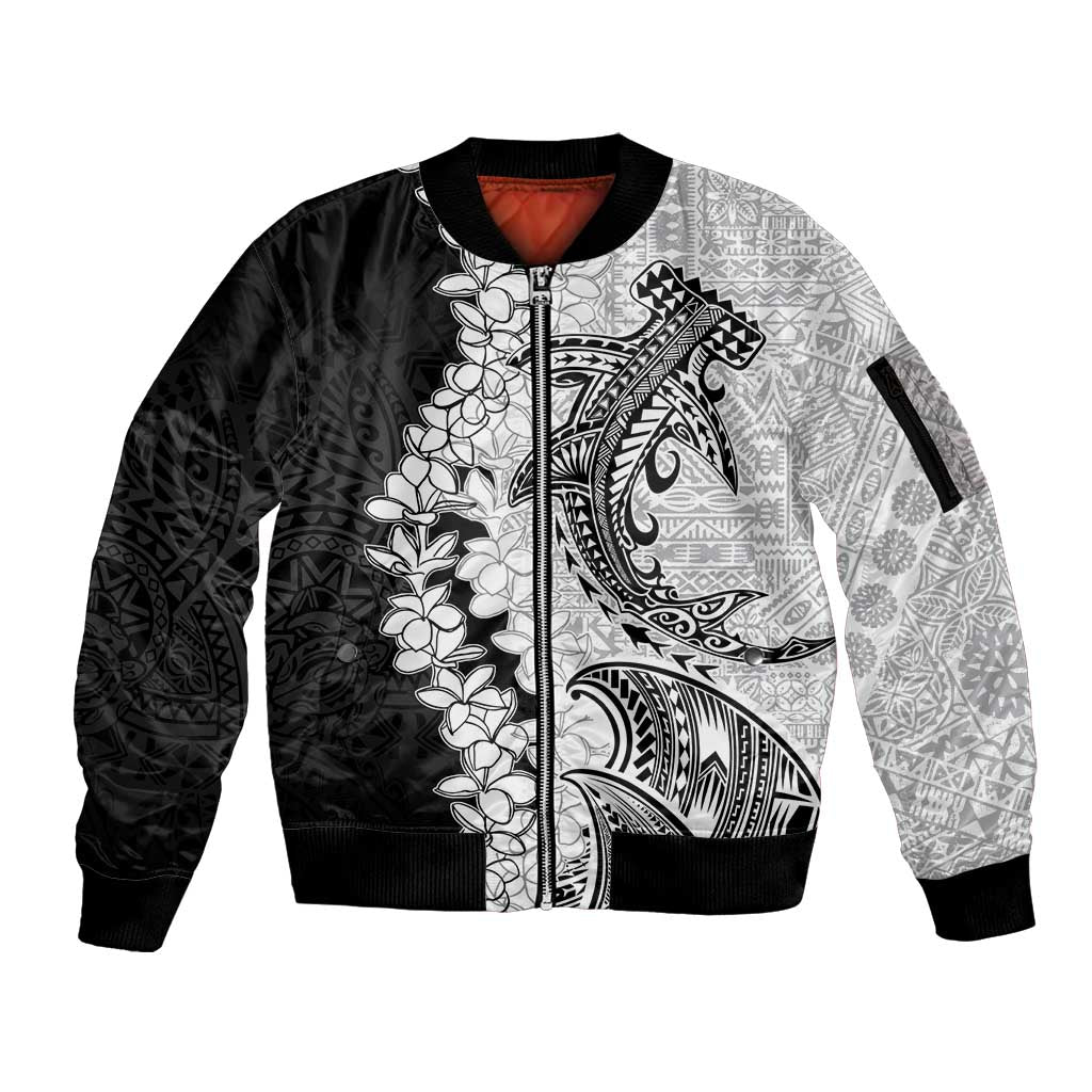 Polynesian Plumeria Lei Sleeve Zip Bomber Jacket with Hammerhead Shark LT7 Unisex Black - Polynesian Pride