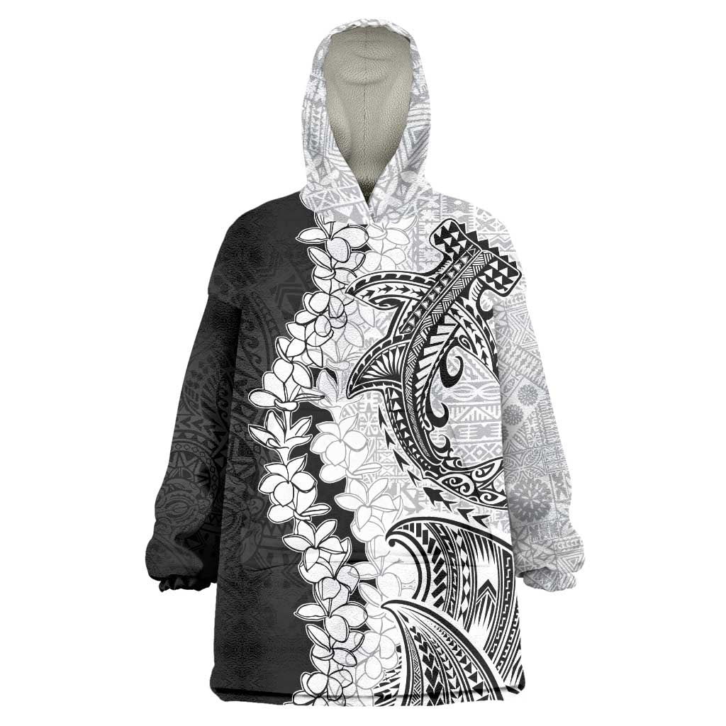 Polynesian Plumeria Lei Wearable Blanket Hoodie with Hammerhead Shark LT7 One Size Black - Polynesian Pride
