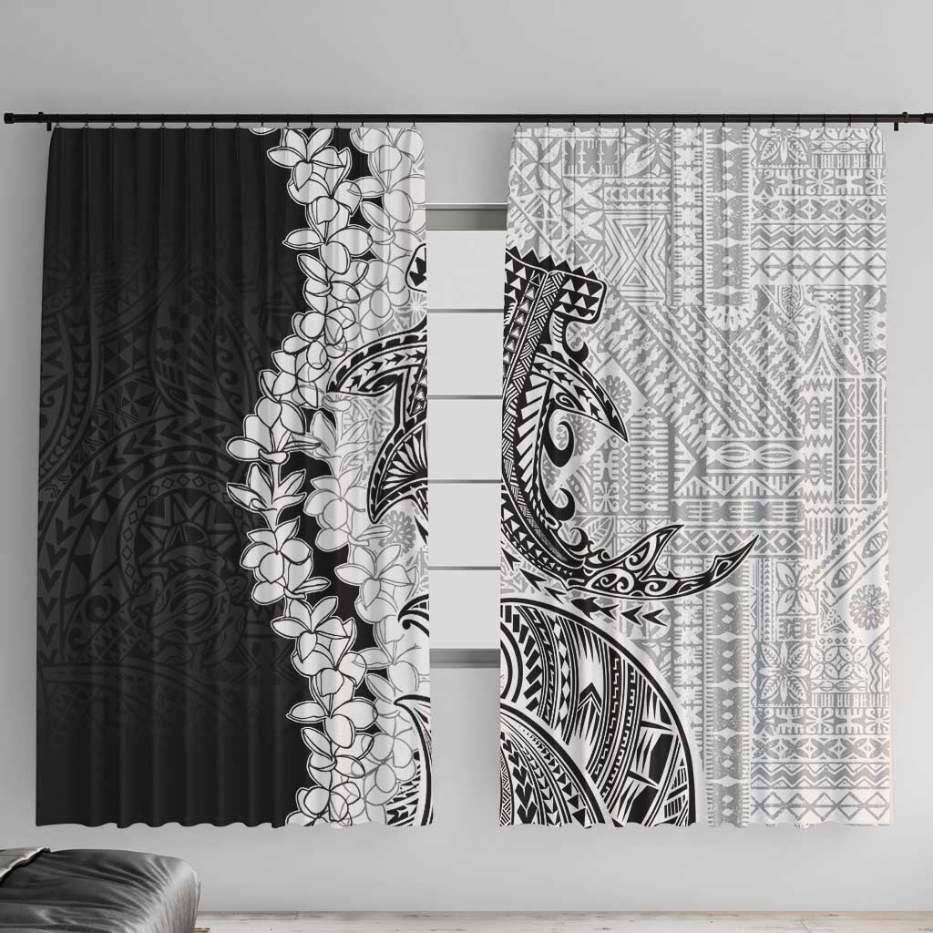 Polynesian Plumeria Lei Window Curtain with Hammerhead Shark LT7 With Hooks Black - Polynesian Pride